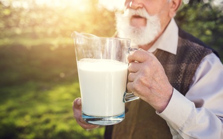 Senior farmer with milk in a glass jug outside in green natureの写真素材