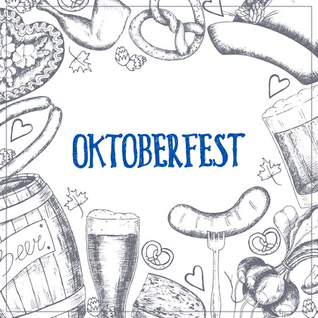 Oktoberfest greeting card with food and drinks. Vector illustration.のイラスト素材