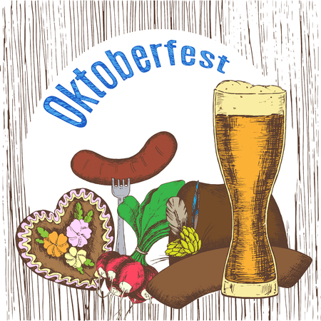 Oktoberfest greeting card with mug of beer on a brown background. Vector illustration.のイラスト素材