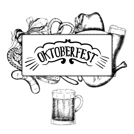 Oktoberfest greeting card with food and drinks. Vector illustration.のイラスト素材