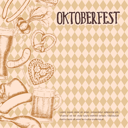 Oktoberfest greeting card with food and drinks. Vector illustration.のイラスト素材