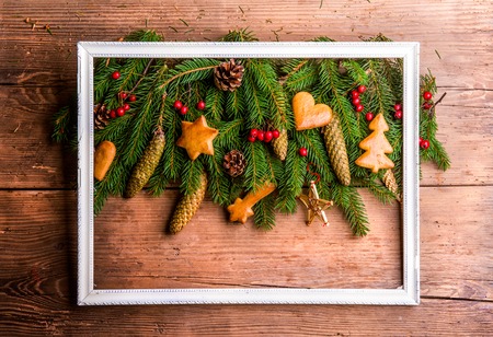 Christmas composition. Studio shot on wooden background.