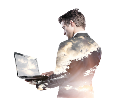 Double exposure of young handsome businessman. Studio shot on white background.の写真素材