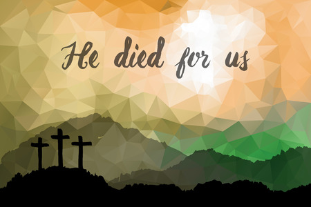 Polygonal vector design. Hand drawn Easter scene with cross. Jesus Christ. Crucifixion. Vector watercolor illustration.のイラスト素材