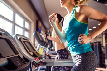 Two attractive fit women running in sports clothes on treadmills in modern gymの写真素材
