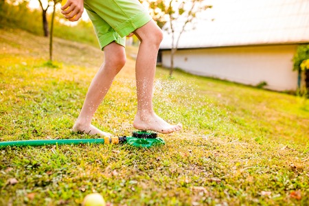 Legs of a young boy in a summer garden at the sprinklerの写真素材