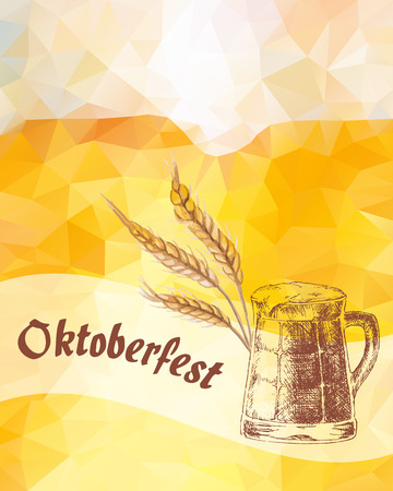 Hand drawn Oktoberfest vector illustration with beer mug and dried cereal ears.のイラスト素材