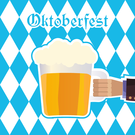 Oktoberfest illustration with hand of man holding mug of beer on background of blue rhombuses.のイラスト素材