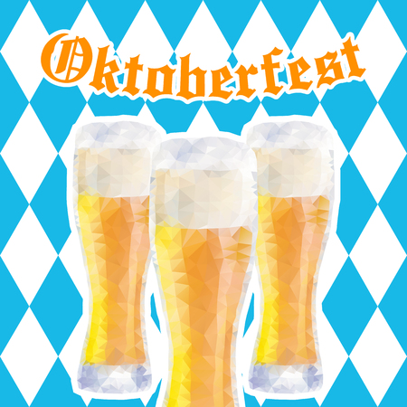 Oktoberfest vector illustration with three glasses of beer on background of blue rhombuses.のイラスト素材