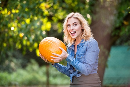 Beautiful young blond woman in denim shirt working in her garden harvesting pumpkins. Autumn nature.の写真素材