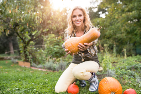 Beautiful young blond woman in checked shirt working in her garden harvesting pumpkins. Autumn nature.の写真素材