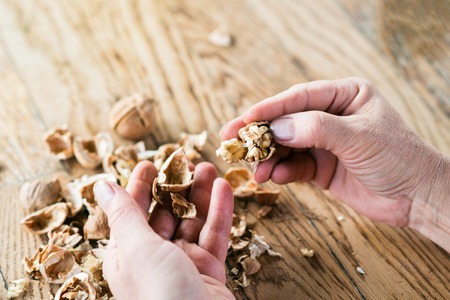 Hands of unrecognizable woman cracking walnuts, taking them out of shell, wooden table.の写真素材