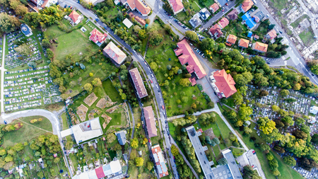 Aerial view of residential neighborhood and cementery in Banska Bystrica, Slovakia.の写真素材