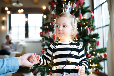 Unrecognizable father with his cute little daughter tangled up in chain of lights at the Christmas tree.の写真素材