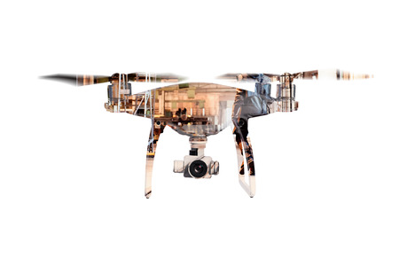 Double exposure. Hovering drone and big old warehouse. Isolated.の写真素材