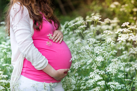 Unrecognizable pregnant women holding her belly. Summer nature.の写真素材