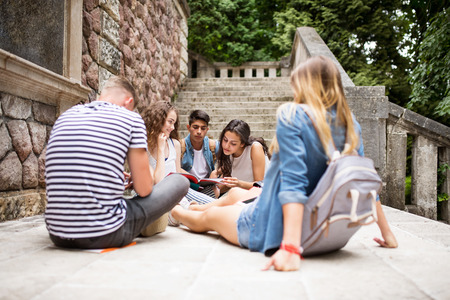 Teenage students at the stone steps in front of university.の写真素材
