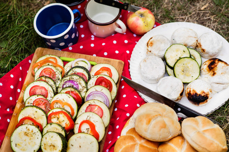 Grilled cheese, roasted vegetable and bread buns.の写真素材