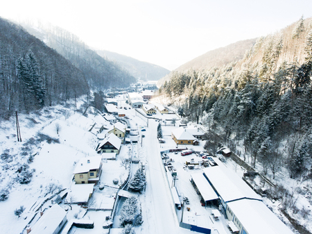 Aerial view of a village in winter.の写真素材