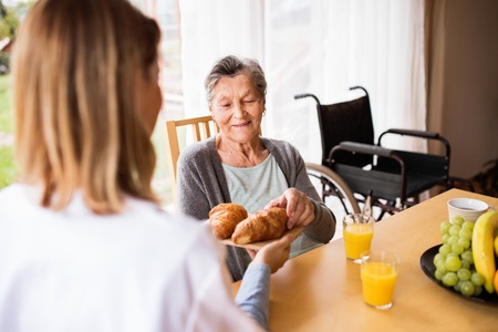 Health visitor and a senior woman during home visit.の写真素材
