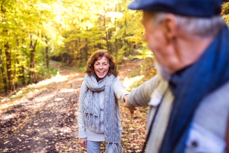 Senior couple on a walk in autumn forest.の写真素材