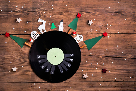 Christmas composition on a wooden background.の写真素材