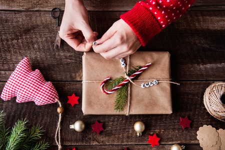 Christmas composition on a wooden background.