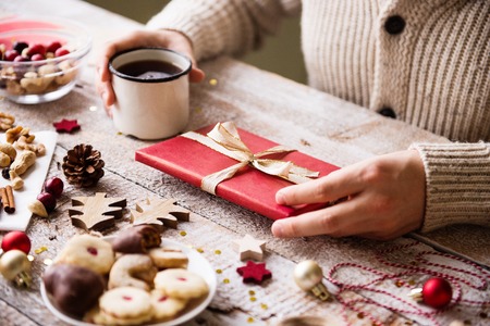 Christmas composition on a wooden background.の写真素材