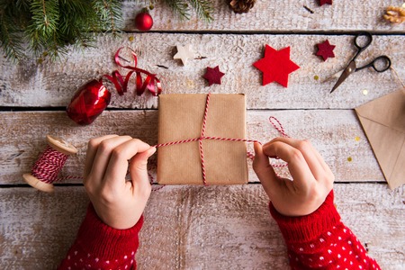 Christmas composition on a wooden background.の写真素材