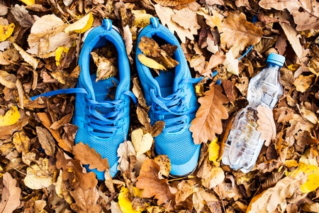 Trainers and water bottle on colorful leaves on the ground.の写真素材