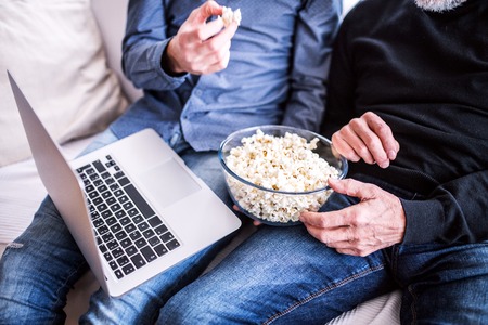 Hipster son and his senior father with laptop at home.の写真素材