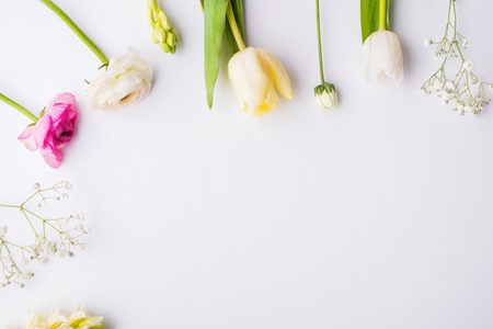 Easter and spring flat lay. Copy space. Studio shot.の写真素材