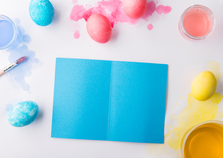 Easter and spring flat lay on a white background. Copy space.の写真素材