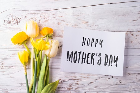 Mothers day composition. Note and flowers. Studio shot.の写真素材