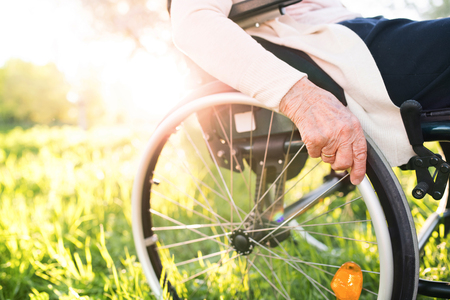 Elderly woman in wheelchair in spring nature.の写真素材