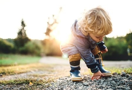 A little toddler boy picking up stones in nature at sunset. Copy space.