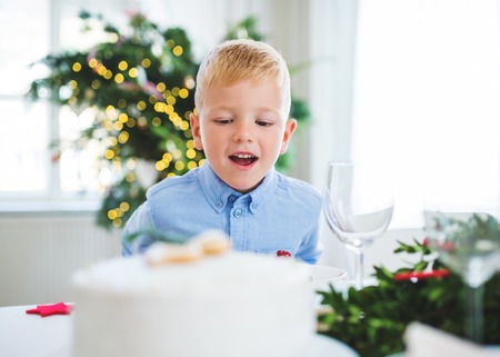 A small boy looking at a cake at home at Christmas time.の写真素材