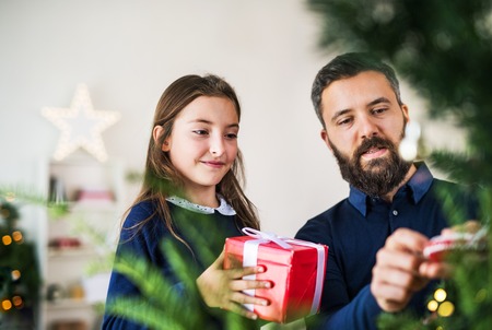 Small girl with a present standing by a Christmas tree with her father at home.の写真素材