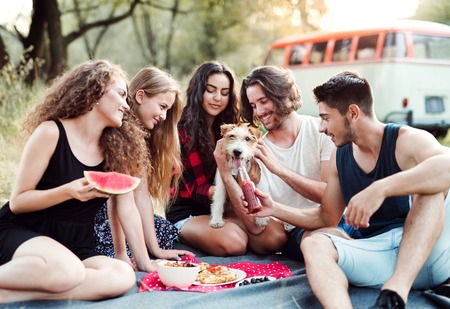 A group of friends with a dog sitting on ground on a roadtrip through countryside.の写真素材
