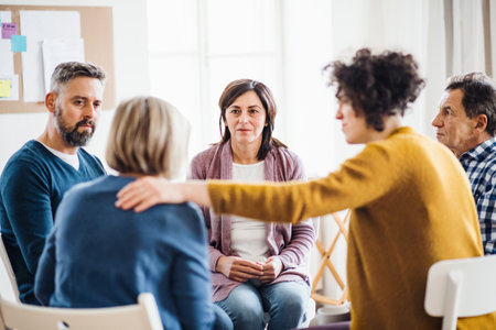 Men and women sitting in a circle during group therapy, supporting each other.の写真素材