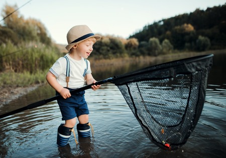 A small toddler boy standing in water and holding a net by a lake, fishing.の写真素材