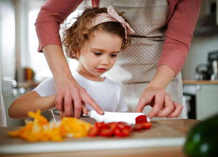 A portrait of small girl with mother at home, preparing vegetable salad.の写真素材