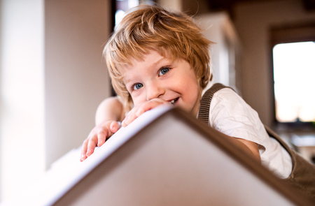 A toddler boy playing with a carton paper house indoors at home.の写真素材