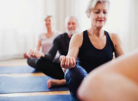 Group of senior people doing yoga exercise in community center club.
