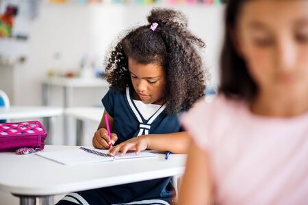 A small school girl sitting at the desk in classroom, writing.の写真素材