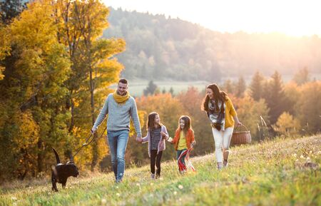 A young family with two small children and a dog on a walk in autumn nature.の写真素材
