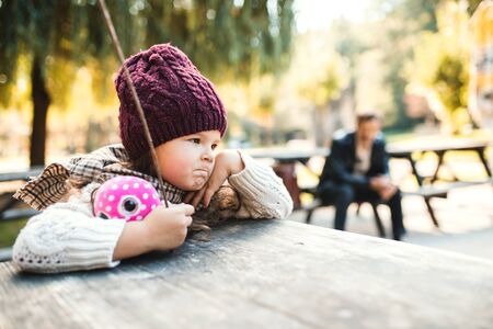 A portrait of a small toddler girl sitting in park in autumn nature.の写真素材