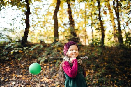 A portrait of a small toddler girl holding balloon in park in autumn nature.の写真素材