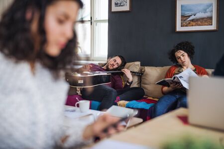 A group of young friends relaxing indoors, house sharing concept.の写真素材