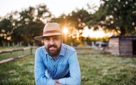 A portrait of mature man farmer standing outdoors on family farm at sunset.の写真素材